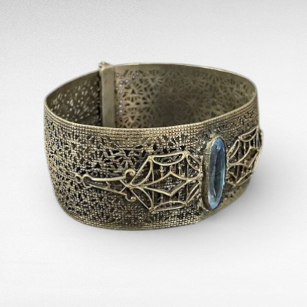 Antique Art Deco Wide Filigree Blue Glass Center Stone Buckle Bracelet - Picture 12 of 13